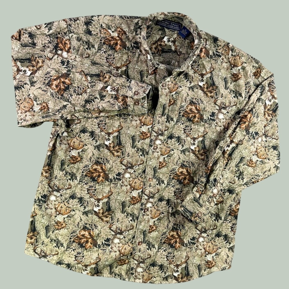 Vintage Pacific Crest Shirt Men XL Deer Buck Camo All Over Print Wildlife Cabin